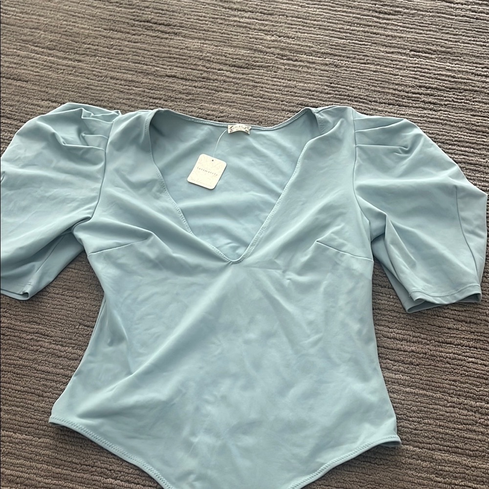Free People Green Puff Sleeve Bodysuit